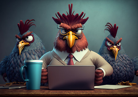 Angry rooster and two hens behind a laptop, office work concept. Generative AIの素材