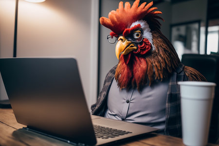Angry rooster company boss working with laptop in office. Generative AIの素材