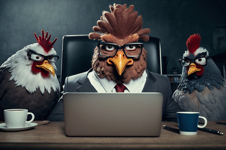 Angry rooster and two hens behind a laptop, office work concept. Generative AIの素材