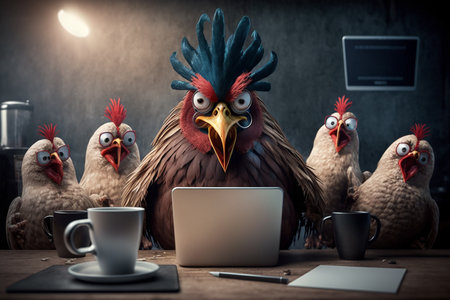 Angry rooster boss and four hens behind a laptop, office work concept. Generative AIの素材