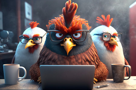 Angry rooster and two hens behind a laptop, office work concept. Generative AIの素材