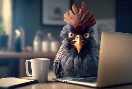Angry rooster company boss working with laptop in office. Generative AIの素材