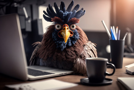 Angry rooster company boss working with laptop in office. Generative AIの素材