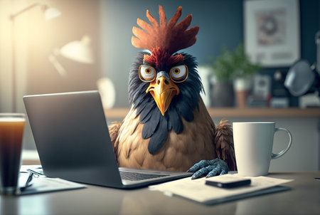 Angry rooster company boss working with laptop in office. Generative AIの素材