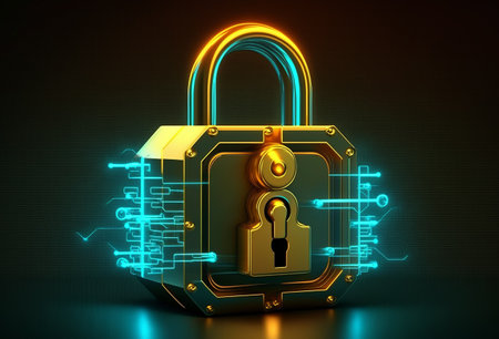 Abstract cyber security concept with data golden lock, generative aiの素材