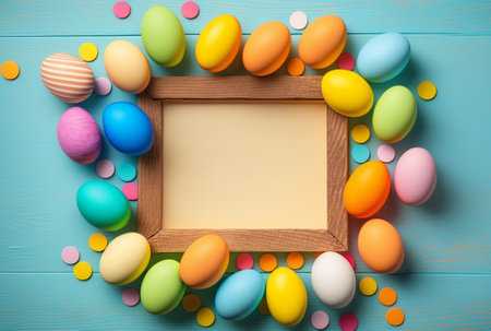 Colorful spring Easter background with painted eggs, generative aiの素材