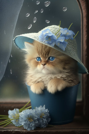 Still life with flowers and a cute kitten sitting under a blue hat, generative AIの素材