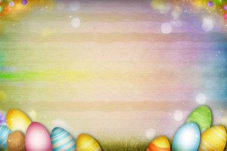 Colorful spring Easter background with painted eggs, generative aiの素材