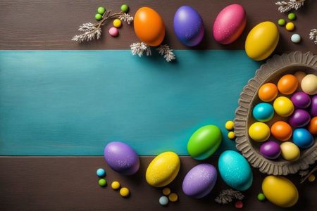 Colorful spring Easter background with painted eggs and flowers, generative aiの素材