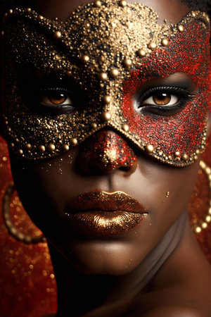 Sexy black woman wearing a carnival mask, red and golden color, generative aiの素材