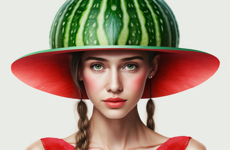 Illustration of funny emotional woman face with a watermelon hat, generative aiの素材