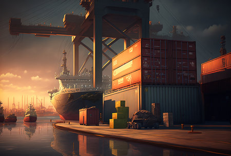 Cargo seaport in its working rhythm with many ships and cargo and cranes at sunset, illustrative aiの素材