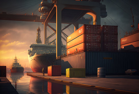 Silhouettes of port cranes at stunning red sunset. Cargo ship terminal at sunset. Generative AIの素材