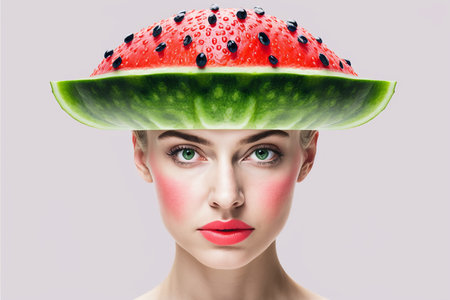 Portrait of young woman with watermelon hat on white, generative aiの素材