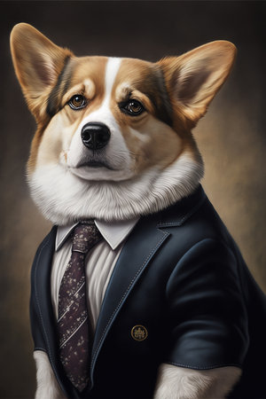 Portrait of serious welsh corgi dog wearing suit looking at camera, generative aiの素材