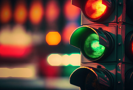 City traffic intersection with green light in traffic light and free space for text, generative aiの素材