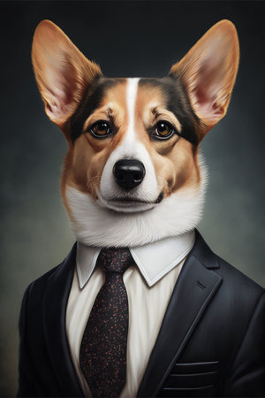Portrait of serious dog wearing suit looking at camera, generative aiの素材