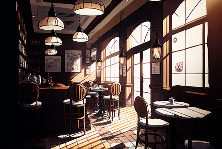 Empty modern cafe interior with chairs and tables, generative aiの素材
