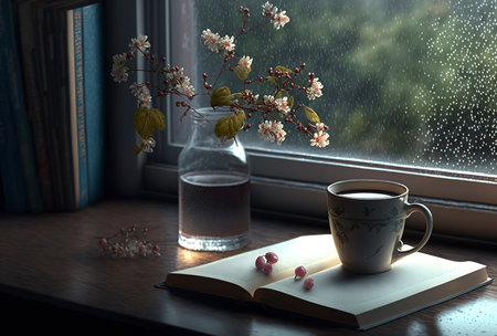 Still life with an open book and cherry blossoms in a vase on a windowsill, rany day, generative aiの素材