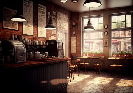 Empty modern cafe interior with chairs and tables, generative aiの素材