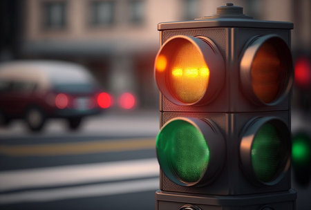 City pedestrian crossing with a semaphore. Red light in semaphore, generative aiの素材