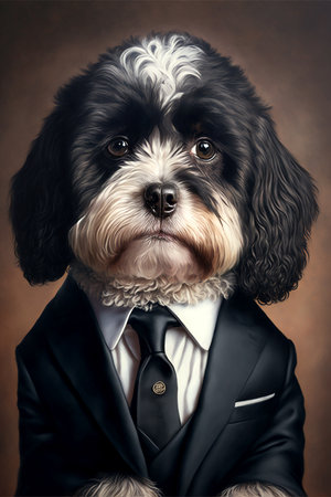 Portrait of serious poodle dog wearing suit looking at camera, generative aiの素材