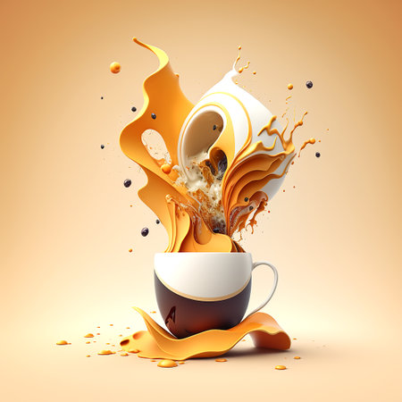 Stylized illustration of a hot coffee drink with splashes of liquid, generative aiの素材