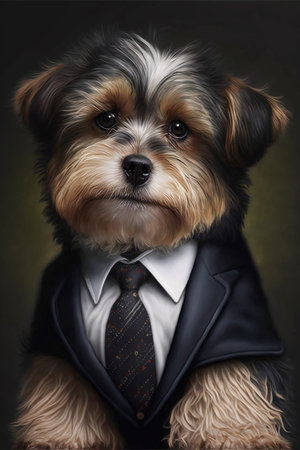 Portrait of sad  Shih Tzu dog wearing suit looking at camera, generative aiの素材