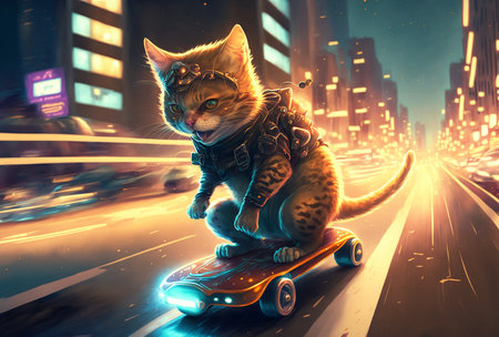 A stylish cat on a skateboard is speeding along a lit city street, generative aiの素材