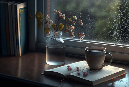 Still life with an open book and hot mug  on a windowsill, rany day, generative aiの素材
