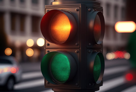 A city pedestrian crossing with a semaphore. Red light in semaphore, generative aiの素材