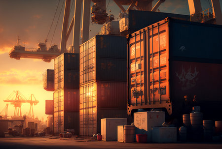 Silhouettes of port cranes at stunning red sunset. Cargo ship terminal at sunset. Generative AIの素材