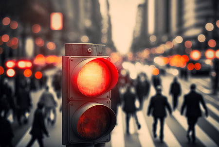 City pedestrian crossing with a semaphore and silhouettes of people. Red light, generative aiの素材