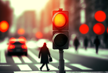 A city pedestrian crossing with a semaphore. Red light in semaphore, generative aiの素材