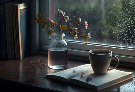Still life with an open book and cherry blossoms in a vase on a windowsill, rany day, generative aiの素材