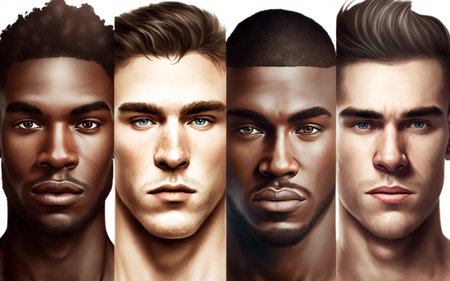 Four faces of young men of different nationalities on white background, illustration generative aiの素材