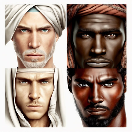 Four faces of young men of different nationalities on white background, illustration generative aiの素材