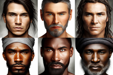 Six faces of young men of different nationalities on white background, illustration generative aiの素材
