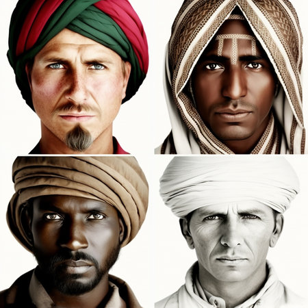 Four faces of young men of different nationalities on white background, illustration generative aiの素材