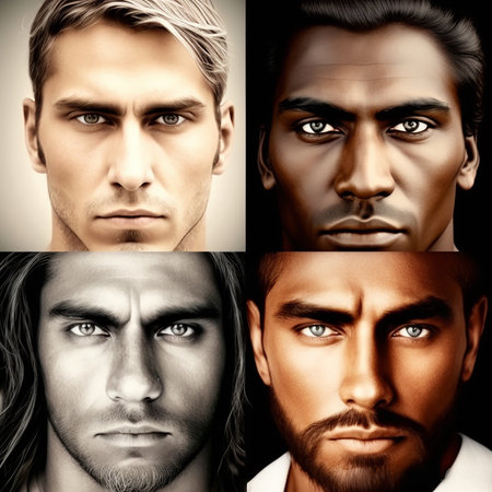 Four faces of young men of different nationalities on white background, illustration generative aiの素材