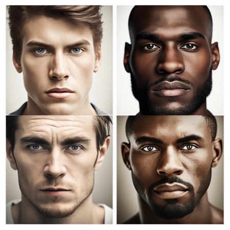 Four faces of young men of different nationalities on white background, illustration generative aiの素材