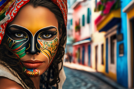 Pretty woman wearing a colorful carnival costume mask on a blurred city background, generative aiの素材