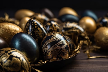 Happy Easter Luxury background with golden and black eggs. Generative AI.の素材