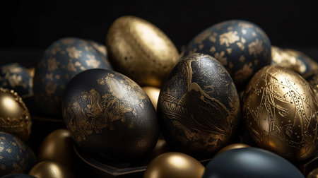 Happy Easter Luxury background with golden and black eggs. Generative AI.の素材