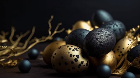 Happy Easter Luxury background with golden, blue and black eggs. Generative AI.の素材