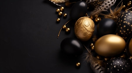 Happy Easter Luxury background with golden and black eggs. Empty advertising place. Generative AIの素材