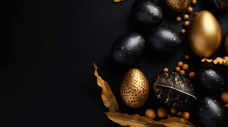 Happy Easter Luxury background with golden and black eggs. Empty advertising place. Generative AIの素材