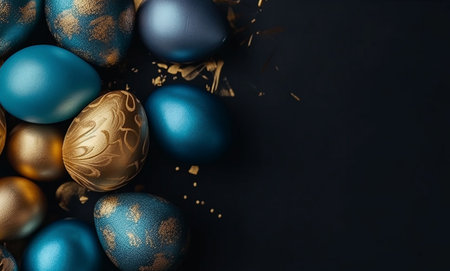 Happy Easter Luxury background with golden and blue eggs. Empty advertising place. Generative AIの素材