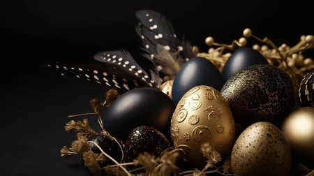 Happy Easter Luxury background with golden and black eggs. Empty advertising place. Generative AIの素材