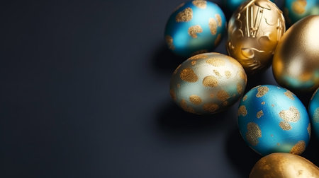 Happy Easter Luxury background with golden and blue eggs. Empty advertising place. Generative AIの素材